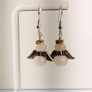 Handcrafted rose quartz angel earrings with rhinestone halo